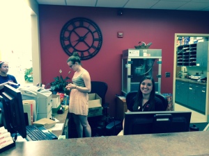 Megan Dignan and Addie Eistentrout work the info desk in the Lane University Center. (Brad Kroner/TBL)