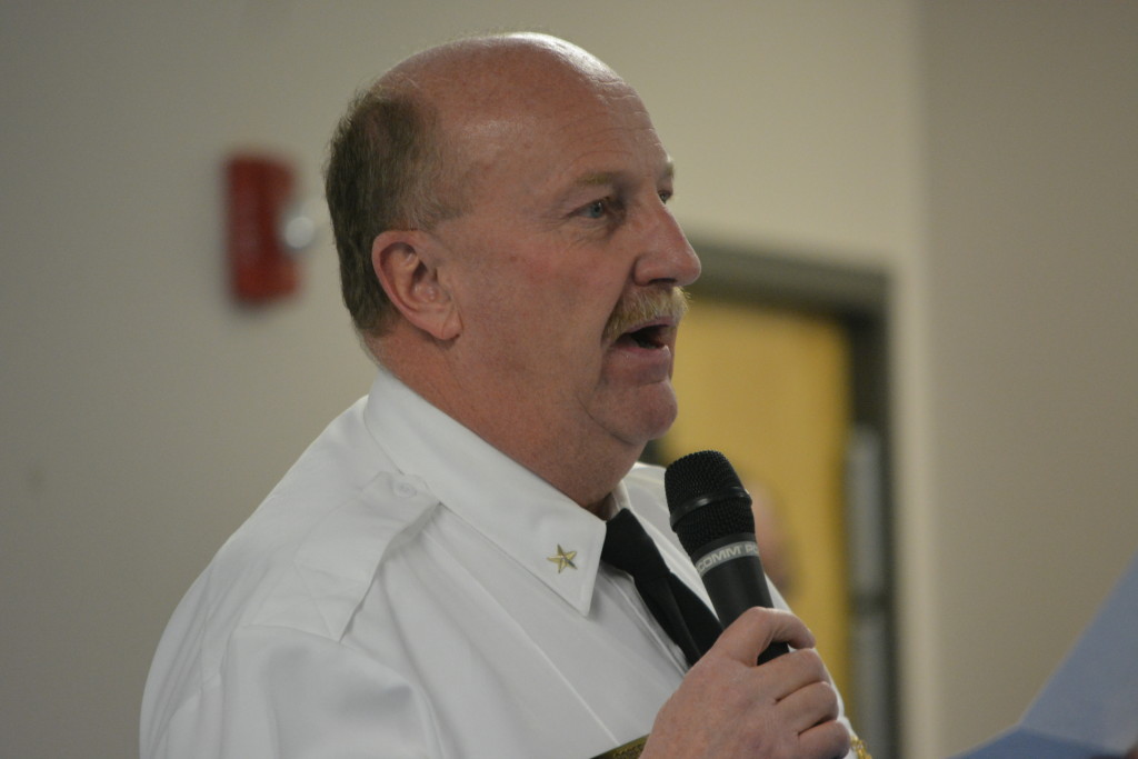 Allegany County Sherriff Craig Robertson addresses the crowd in the Midland Fire Hall (TBL/Nick DeMichele).