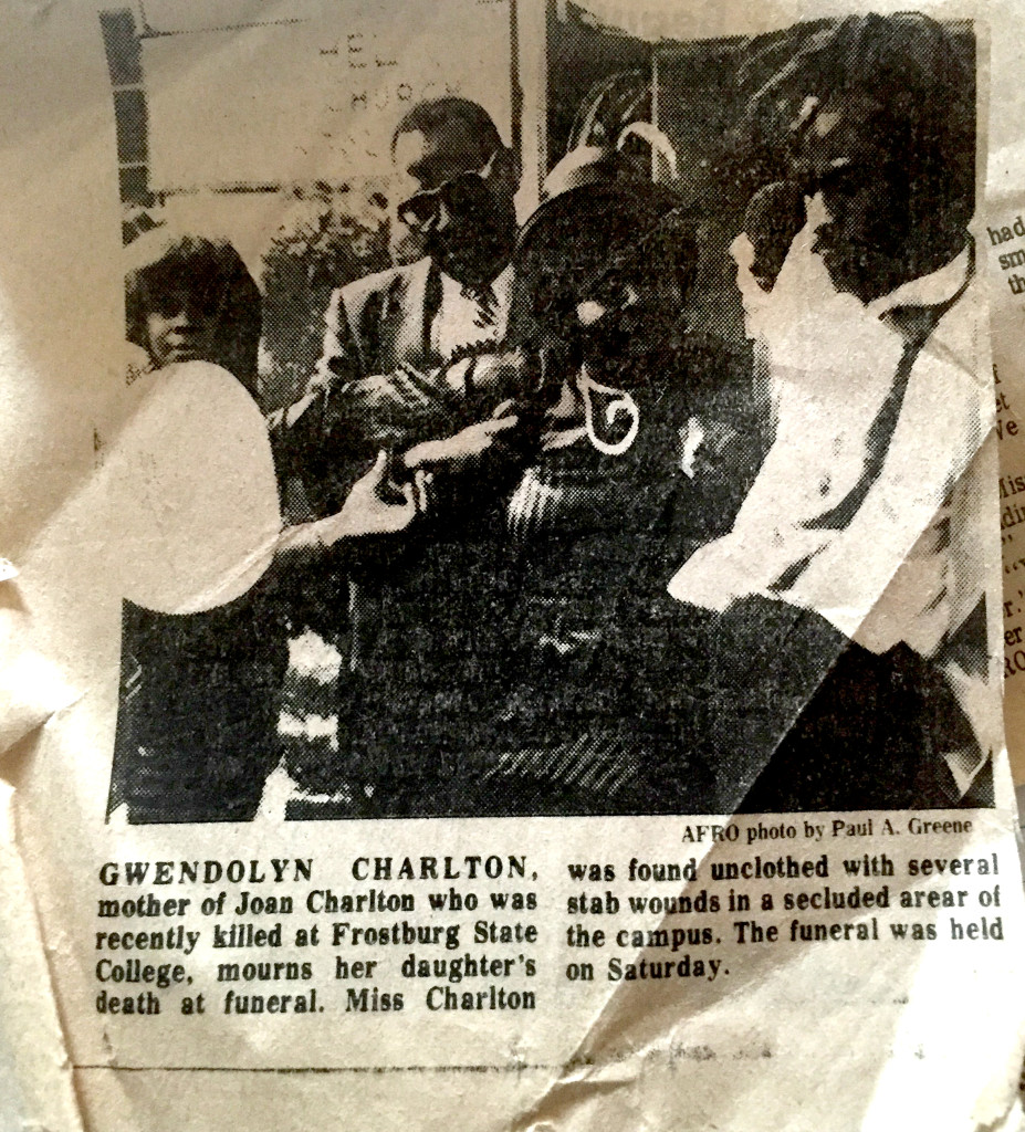 A newspaper clipping from the AFRO depicts members of the Charlton family at Joan's funeral. Photo courtesy the Charlton family. 