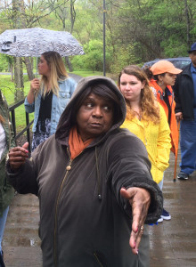 Carmen Jackson revisits the area of the arboretum in which she searched for, and found, Joan Charlton in 1983. (Photo: Andy Duncan)