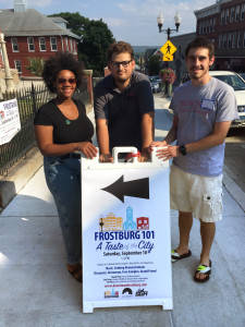 SGA Officers (April Kinyua, Nick DeMichele, James Kirk) wrap up Frostburg 101 registration. The event was sponsored by the SGA, among others. (TBL/Woody Getz)