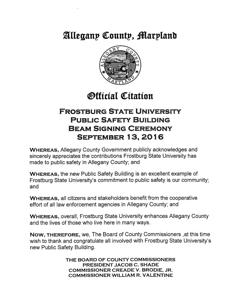 The official citation presented by County Commissioner Bill Valentine to the university. 