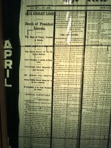 Photo of the New York Time's Headline of president Abraham Lincoln's assassination in the April 16, 1865 issue available in microfilm at the library. (Madie Wilson/ TBL)