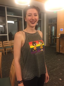 Maddie Peirce after the reception, sporting a Peppermint Patty and Marcy shirt.