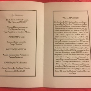 The program handed out during the reception, including the history of National Coming Out Day