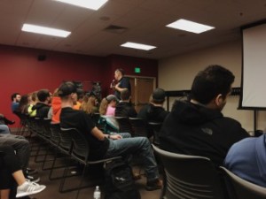 Petrocelli speaking to FSU students in the Atkinson Room of the LUC. 