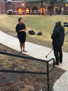 Student, Johana Gourdin, being interviewed by Jonathan Hunter, in front of where the monument will be placed.