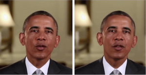 A DeepFake rendition of former President Obama compared to a real photo.