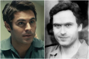 Zac Efron portraying serial killer Ted Bundy, pictured left and right respectively.