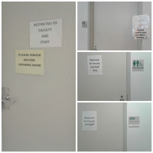 These restrooms in Compton Science Center could be accessible to students, but they are not. Each has a different, unofficial, staff-made “Staff Only” sign taped to them. In fact, the two on the second floor do not have markers indicating that there is a restroom behind the door at all, one of which says simply says “204 Biology.” // Photo Courtesy of Leah Perrin